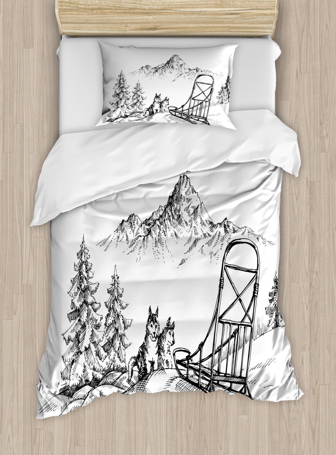 Twin Black and White Mountain Landscape Duvet Cover Set