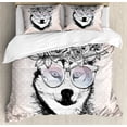 thumbnail image 1 of Alaskan Malamute Duvet Cover Set, Vintage Polka Dots Dog Wearing Floral Wreath and Sunglasses, Decorative 3 Piece Bedding Set with 2 Pillow Shams, Queen Size, Warm Taupe Black White, by Ambesonne, 1 of 3