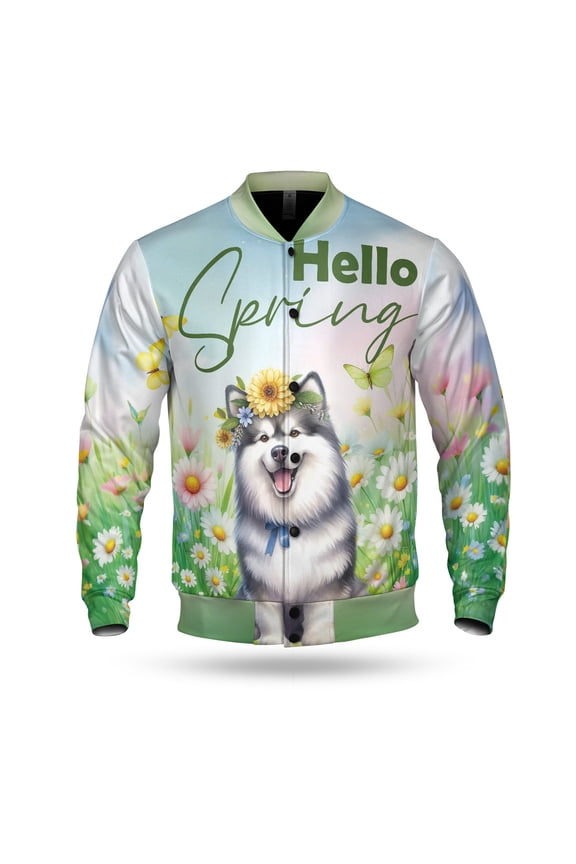 Alaskan Malamute Hello Spring Time Flower Floral Nature All Over Print 3D Baseball Jacket Alaska Mal Dog Lovers Gifts Bomber Jacket Softball - 02031