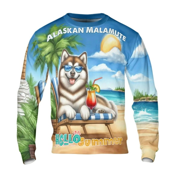 Alaskan Malamute Hello Summer Beach Theme with Sunglasses and Tropical Cocktail All Over Print 3D Sweatshirt Unisex Merch Alaska Mal Dog Lovers Gifts - 00009