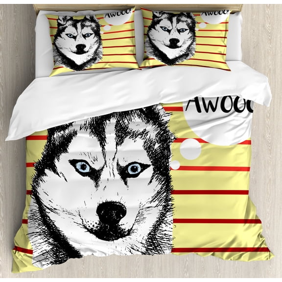 Alaskan Malamute King Size Duvet Cover Set, Portrait of Siberian Husky Hand Drawn Domestic Pet Dog Striped Backdrop, Decorative 3 Piece Bedding Set with 2 Pillow Shams, Multicolor, by Ambesonne