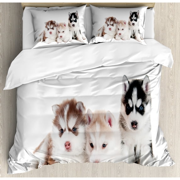Alaskan Malamute King Size Duvet Cover Set, Three Adorable Little Siberian Puppies Blue Eyes Friends Pedigree Image, Decorative 3 Piece Bedding Set with 2 Pillow Shams, Multicolor, by Ambesonne