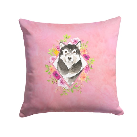 Alaskan Malamute Pink Flowers Fabric Decorative Pillow