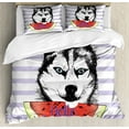 thumbnail image 1 of Alaskan Malamute Queen Size Duvet Cover Set, Cute Animal Eating Watermelon Slice Fresh Summer Themed Striped Artwork, Decorative 3 Piece Bedding Set with 2 Pillow Shams, Multicolor, by Ambesonne, 1 of 3