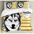 thumbnail image 1 of Alaskan Malamute Queen Size Duvet Cover Set, Portrait of Siberian Husky Hand Drawn Domestic Pet Dog Striped Backdrop, Decorative 3 Piece Bedding Set with 2 Pillow Shams, Multicolor, by Ambesonne, 1 of 3