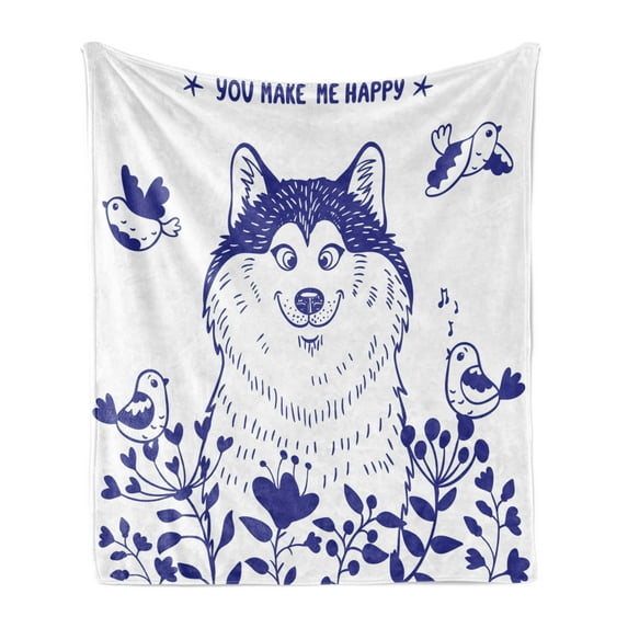 Alaskan Malamute Soft Flannel Fleece Throw Blanket, Happy Doggy in Blossoming Spring Field with Singing Birds and Flowers, Cozy Plush for Indoor and Outdoor Use, 60" x 80", Blue White, by Ambesonne
