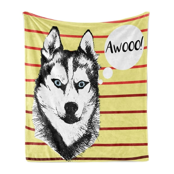 Alaskan Malamute Soft Flannel Fleece Throw Blanket, Portrait of Siberian Husky Hand Drawn Domestic Pet Dog Striped Backdrop, Cozy Plush for Indoor and Outdoor Use, 60" x 80", Multicolor, by Ambesonne