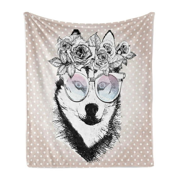 Alaskan Malamute Soft Flannel Fleece Throw Blanket, Vintage Polka Dots Dog Wearing Floral Wreath and Sunglasses, Cozy Plush for Indoor and Outdoor Use, 50" x 60", Warm Taupe Black White, by Ambesonne