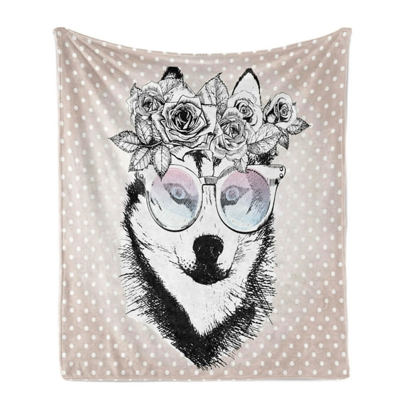 Alaskan Malamute Soft Flannel Fleece Throw Blanket, Vintage Polka Dots Dog Wearing Floral Wreath and Sunglasses, Cozy Plush for Indoor and Outdoor Use, 50" x 70", Warm Taupe Black White, by Ambesonne