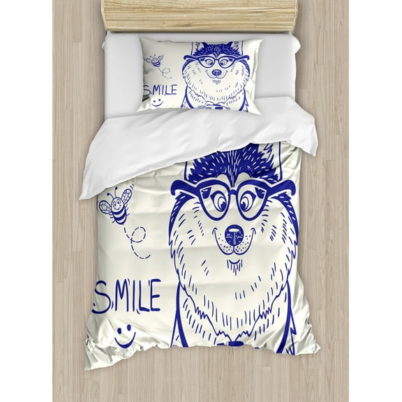 Alaskan Malamute Twin Size Duvet Cover Set, Cartoon Style Smart Puppy with Glasses Photo Camera and Bee Smile Doodle, Decorative 2 Piece Bedding Set with 1 Pillow Sham, Blue White, by Ambesonne