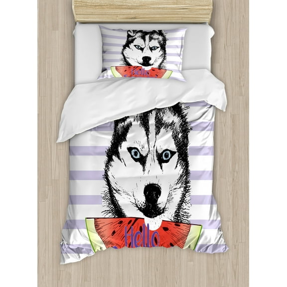 Alaskan Malamute Twin Size Duvet Cover Set, Cute Animal Eating Watermelon Slice Fresh Summer Themed Striped Artwork, Decorative 2 Piece Bedding Set with 1 Pillow Sham, Multicolor, by Ambesonne