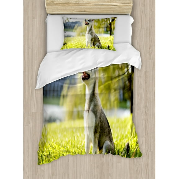 Alaskan Malamute Twin Size Duvet Cover Set, Klee Kai Puppy Sitting on Grass Looking Up Friendly Young Cute Animal, Decorative 2 Piece Bedding Set with 1 Pillow Sham, Multicolor, by Ambesonne