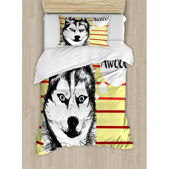 Alaskan Malamute Twin Size Duvet Cover Set, Portrait of Siberian Husky Hand Drawn Domestic Pet Dog Striped Backdrop, Decorative 2 Piece Bedding Set with 1 Pillow Sham, Multicolor, by Ambesonne