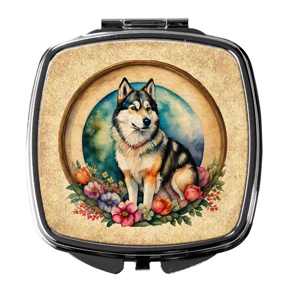 Alaskan Malamute and Flowers Compact Mirror 2.75 in x 3 in