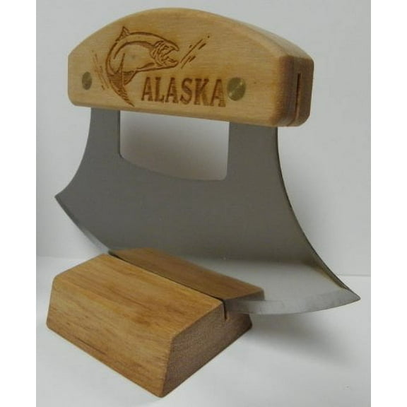 Alaskan Ulu, Inupiat Style with "Salmon" Etched Birchwood Handle, 6"