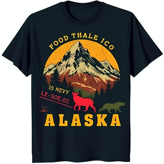Alaskan Wilderness Black T-Shirt with Mountain Scene Red & Black Bear Design