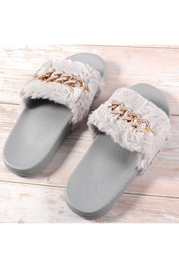 1 Pair Women's Fuzzy Slippers Grey Pvc Material Skid Resistance Comfortable to Wear 9.3in