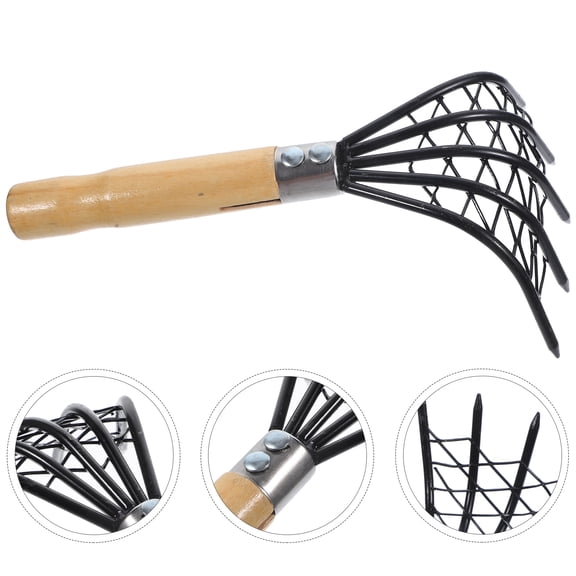 Alasum Stainless Steel Clam Rake, Black, Wood Handle, for Seafood Digging, Durable 1Pc