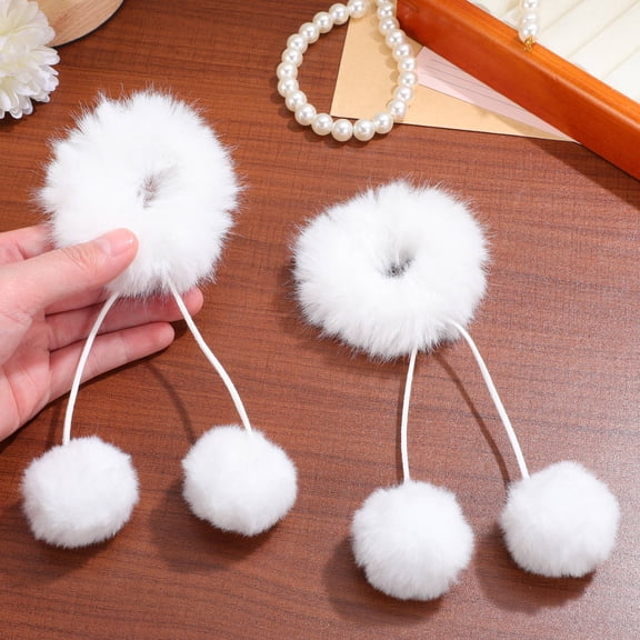 Alasum 2Pcs Soft Plush Pom Hair Ties White Furry Scrunchies Elastic Hair Accessories