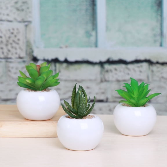 Alasum 3Pcs Mini Artificial Succulents in White Pots for Desktop Shelf Counter Space Home Ornament Green PVC Material