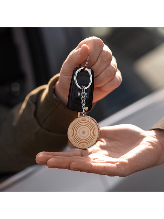 4-Piece Khaki Wooden Keychain Kit, Round Blank Disc Key for Custom Crafts, Bag Charms and Craft Decor