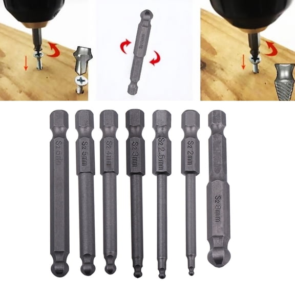 Alasum 7Pcs Ball End Bit Set Grey Alloy Steel Magnetic Durable Bits for Electric and Air Screwdrivers