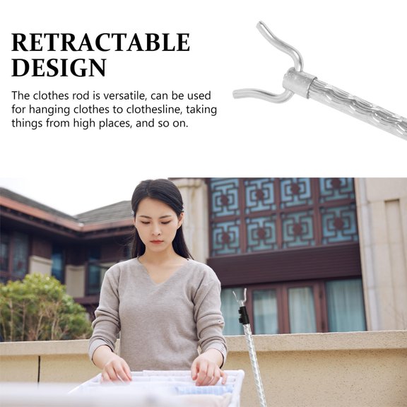 Alasum Aluminum Alloy Retractable Clothes Drying Rod with Fork for Home Balcony Plated Silver