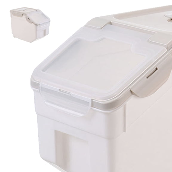 Alasum Beige Pet Food Storage Bucket Durable Plastic Container with Snap Tight Lid and Measuring Cup
