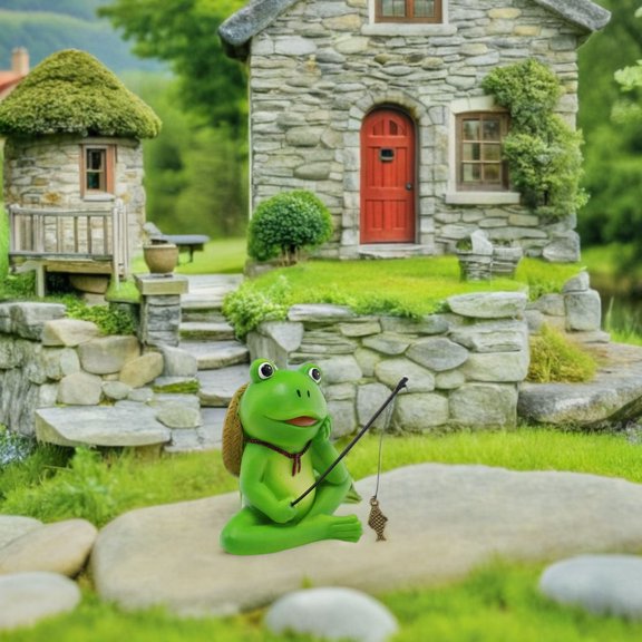 Alasum Resin Fishing Frog Figurine for Garden, Pond, Aquarium, and Shelf Decoration