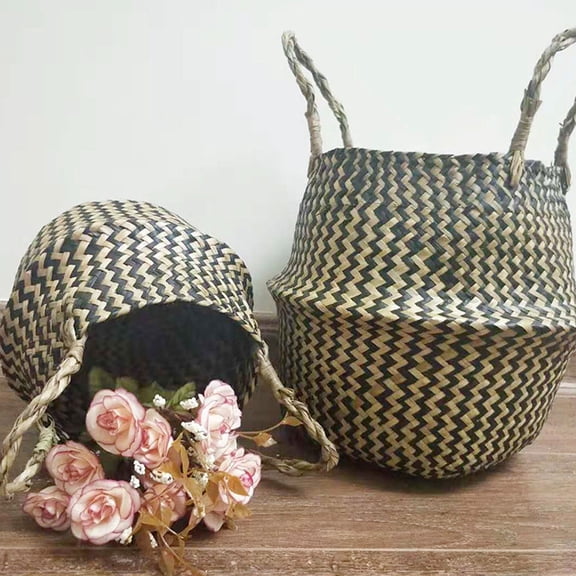 Alasum Handmade Olive Green Rattan Folding Basket with Handles for Home Laundry and Plant Pot Use