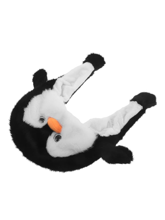 Plush Penguin Hat with Moving Ears, Winter Warm Fleece Beanie, Black, Regular Size