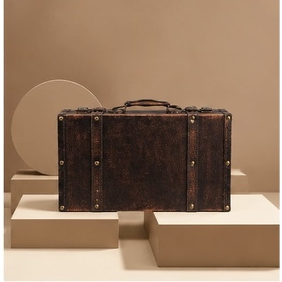 Alasum Vintage Brown Wooden Storage Chest Box, Decorative Suitcase Trunk with PU Look, Rustic Home Decor Prop