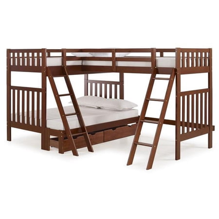 Alaterre Aurora Twin Over Full Size Wood Bunk Bed with Tri-Bunk Extension & Storage Drawers, Chestnut