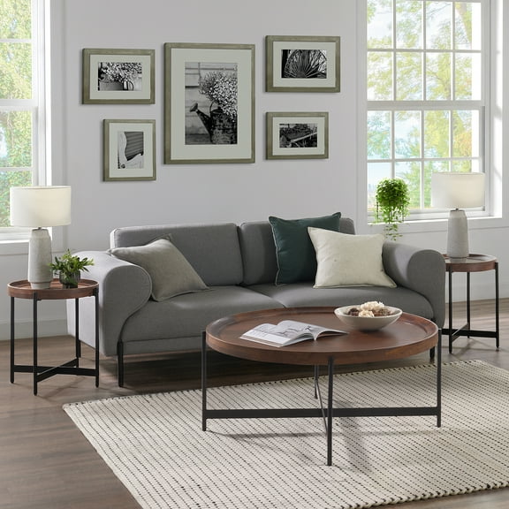 Alaterre Brookline 3-Piece Living Room Set with Round Coffee Table and Two End Tables, Brown