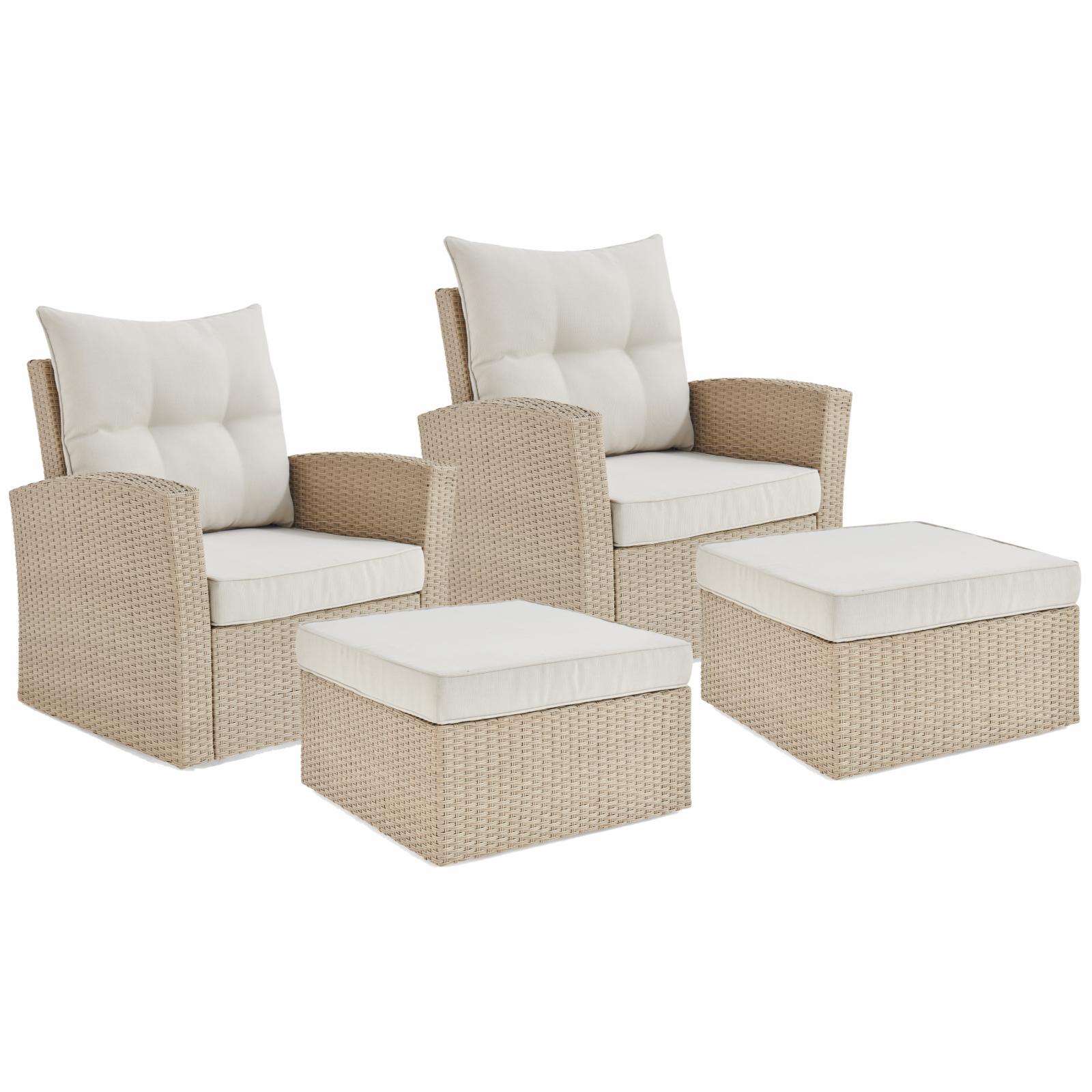Canaan Cream Wicker Outdoor Seating Set w/ 2 Chairs and 2 Large Ottomans - image 1 of 10