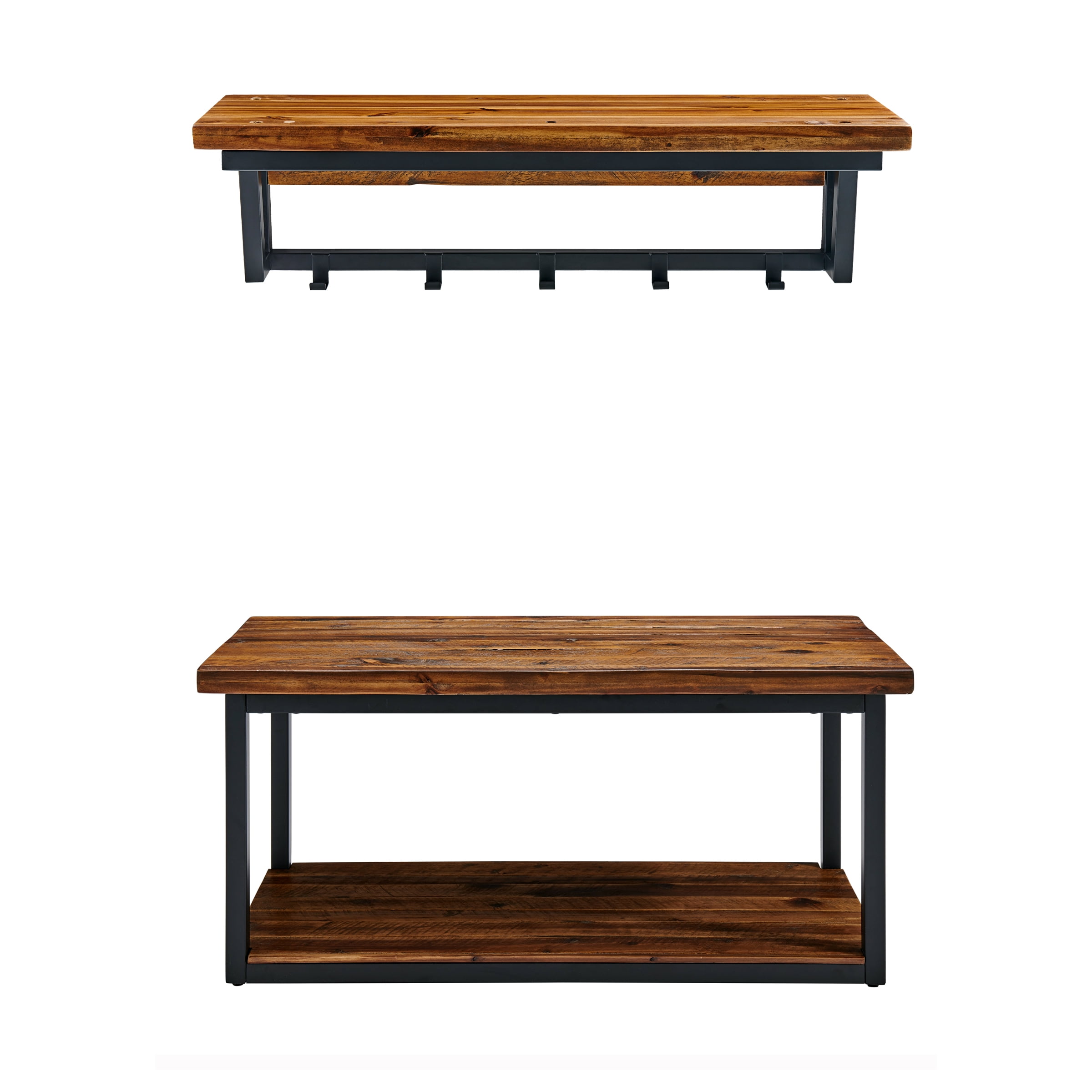 Claremont Medium Wood and Black Metal Hall Tree with Storage