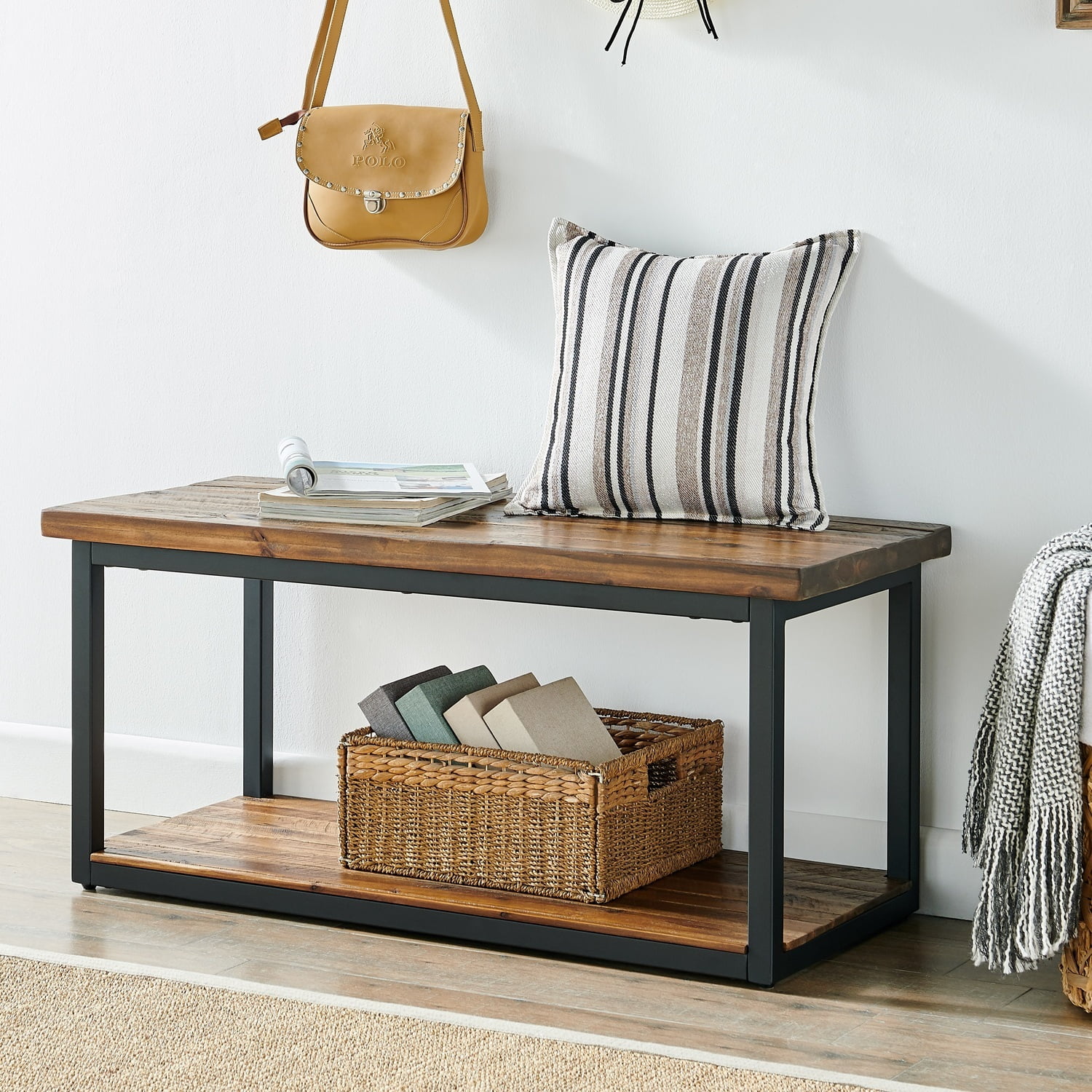 Claremont 43.7" Rustic Dark Brown Wood Bench with Storage Shelf