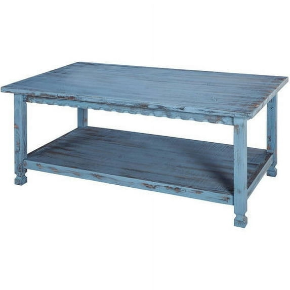 Alaterre Furniture Country Cottage 42" Rustic Rectangular Coffee Table, Solid Wood Living Room Furniture, Blue Antique Finish