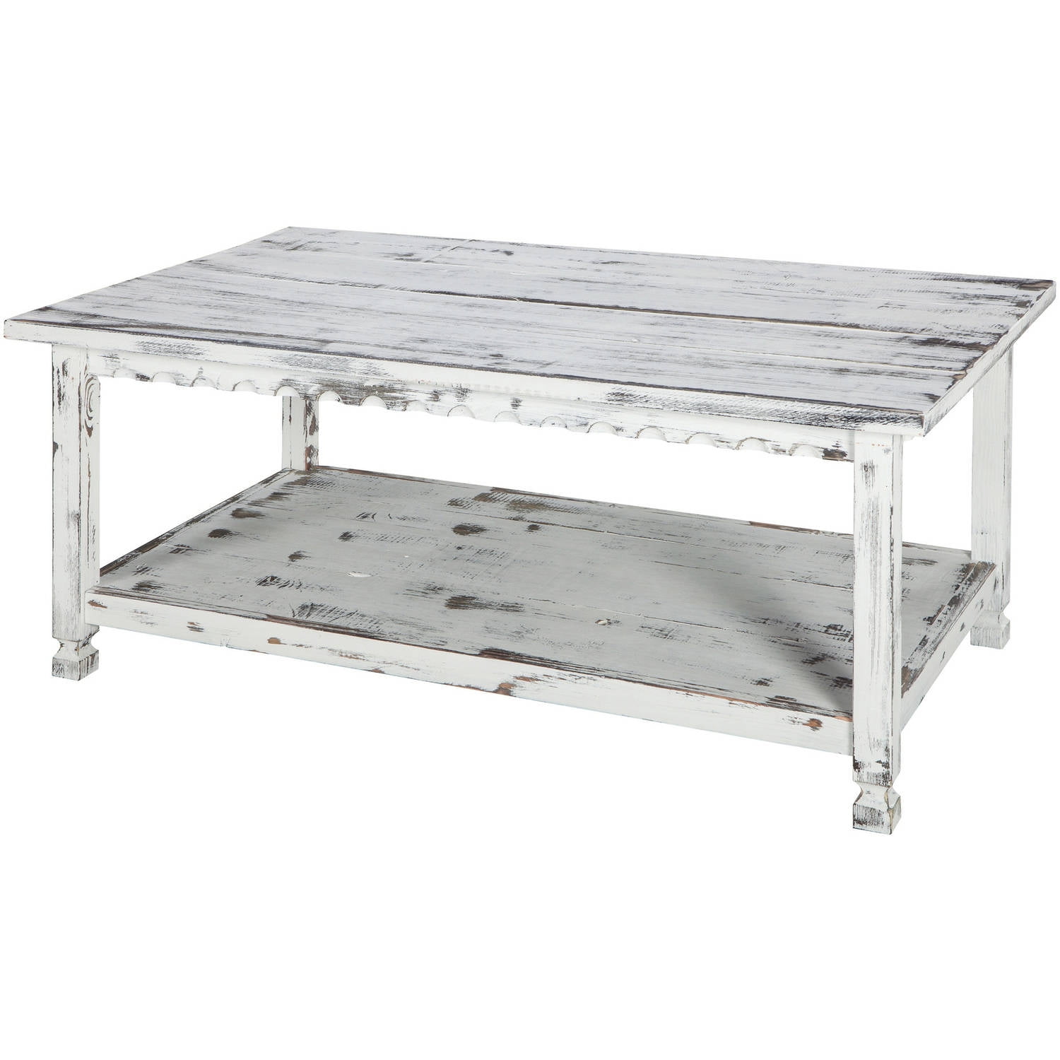Country Cottage Antique White Wood Coffee Table with Shelf