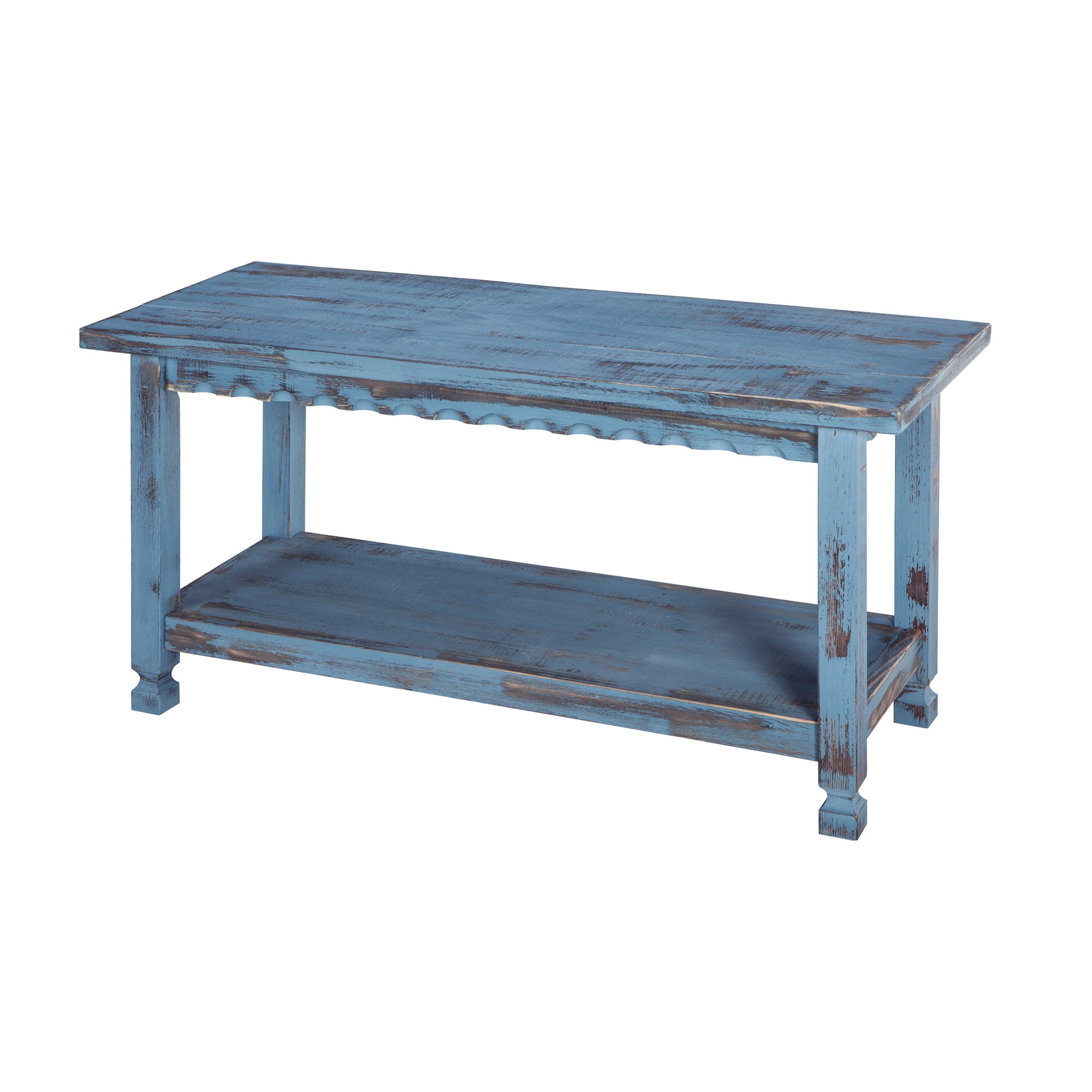 Blue Distressed Wood Entryway Bench with Shelf