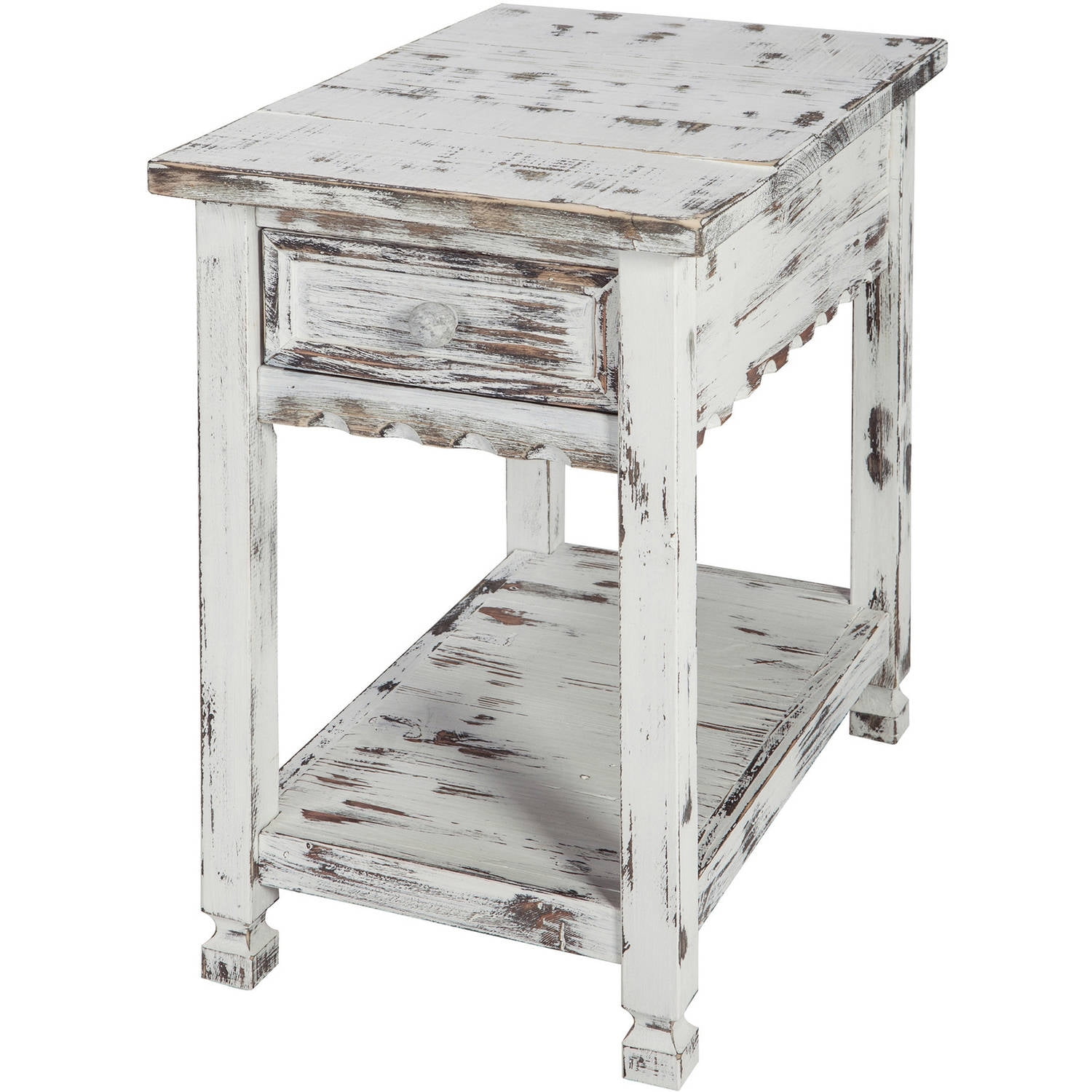 Rustic White Distressed Wood Chairside Table with Storage