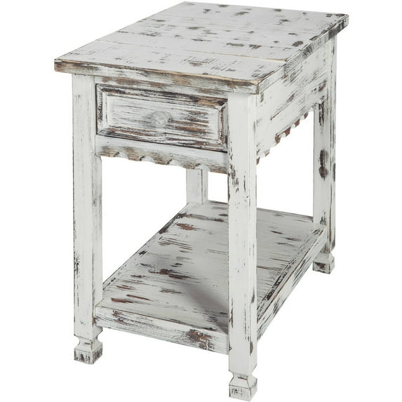 Alaterre Furniture Country Cottage Chairside End Table with 1 Drawer and 1 Shelf, Square Turned Legs, Farmhouse Style for Living Room, Antique White Finish