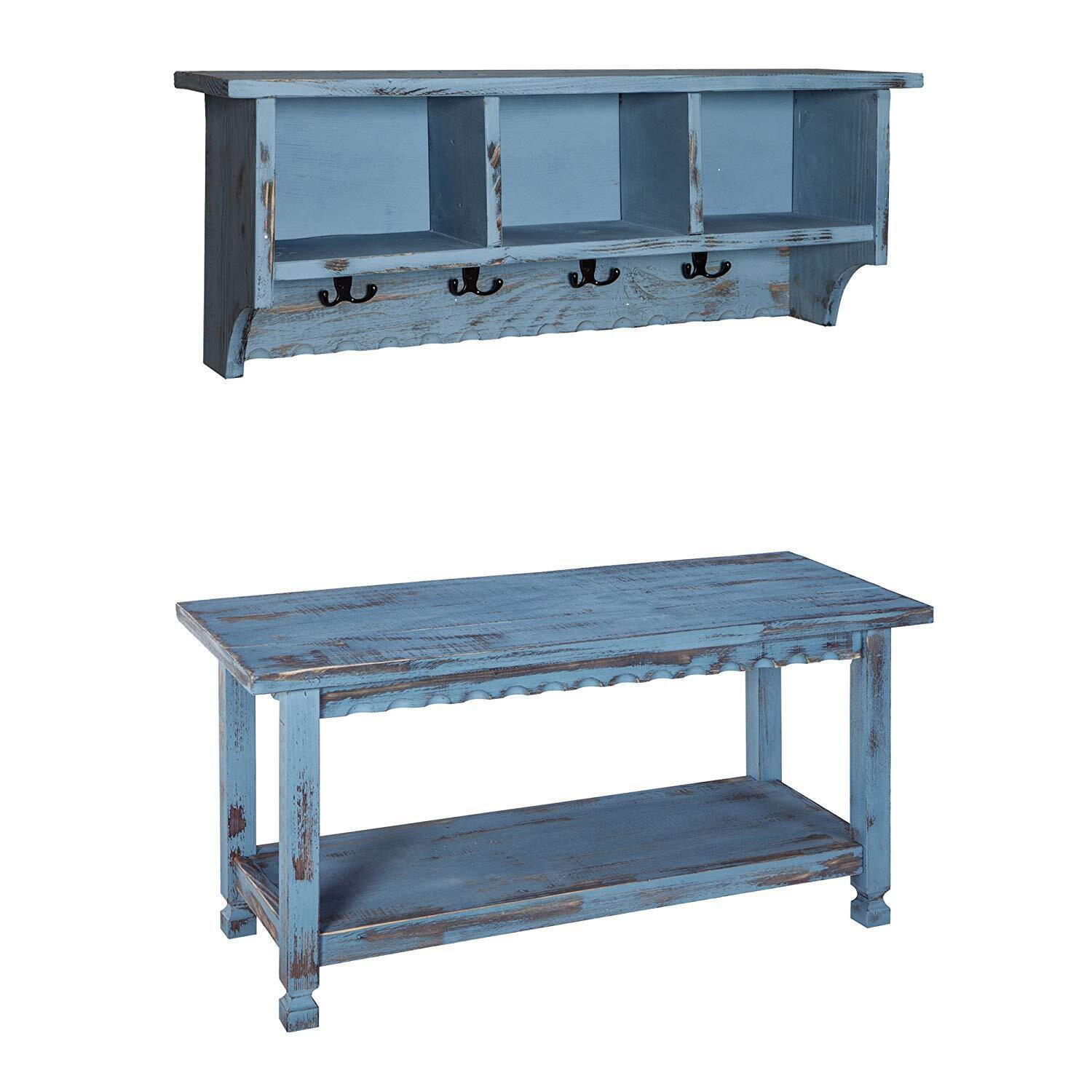 Alaterre Furniture Country Cottage Coat Hooks and Bench Set, Blue Antique Finish