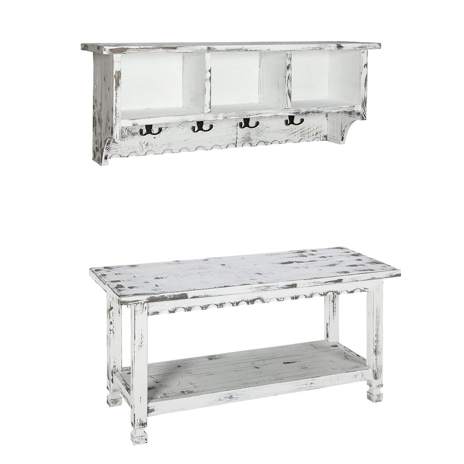 Antiqued Blue and White Wooden Coat Hook & Bench Set