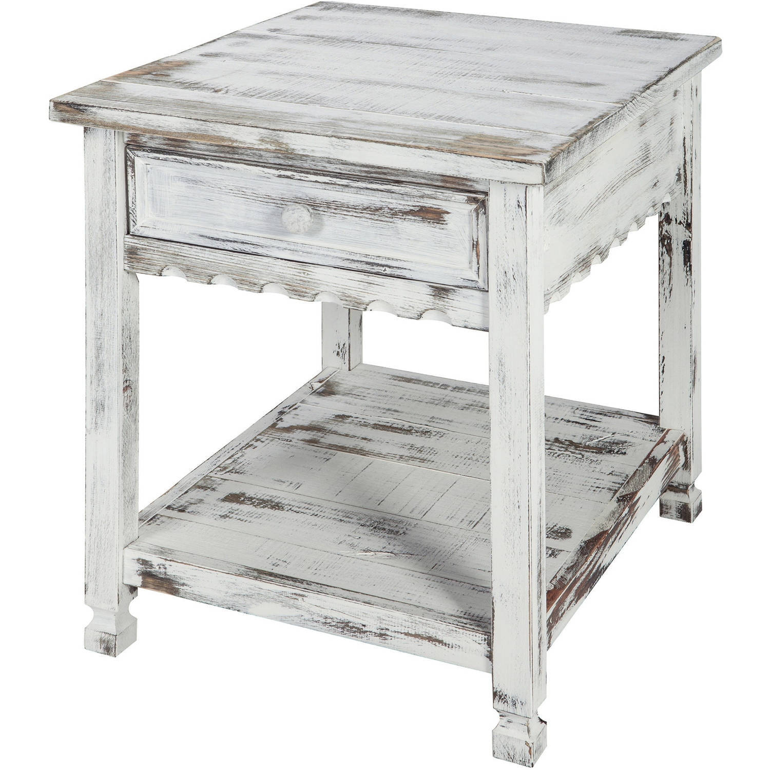 Rustic White Wood and Metal End Table with Storage