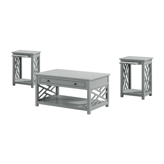 Alaterre Furniture Coventry 36 in. Wood Coffee Table with Drawer and 2 End Tables with Tray Shelf, Set of 3 Living Room Furniture, Modern Decor, Gray