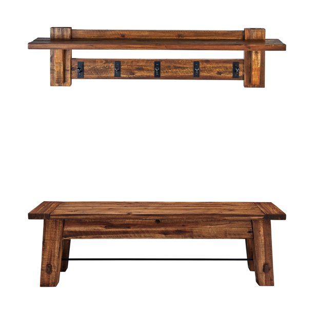 Alaterre Durango 60" Industrial Wood Coat Hook Shelf and Bench Set