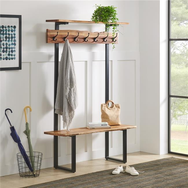 Natural Acacia Wood Hall Tree with Metal Hooks and Shelves