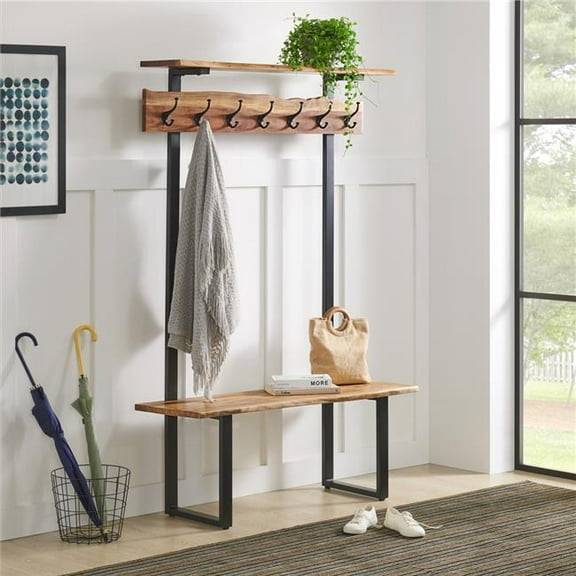 Alaterre Furniture Alpine 72" Hall Tree with Bench and Coat Hooks, Natural Acacia Wood with Live Edge and Metal Strap Legs, Natural Finish
