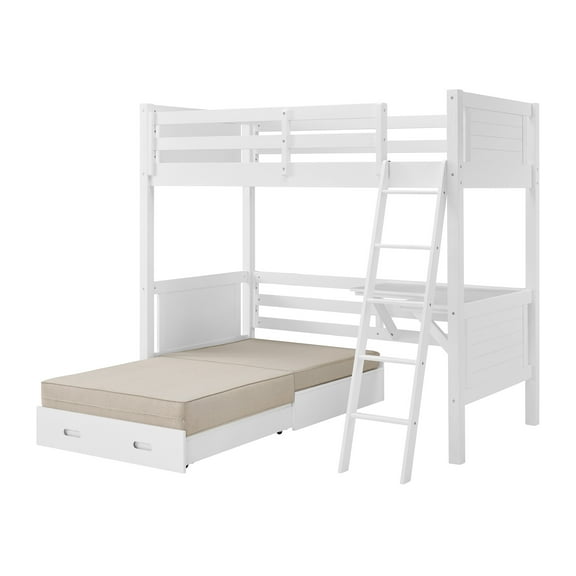 Alaterre Furniture Arlington Solid Wood Twin Loft Bed For Kids With Underneath Desk, Fold-Out Futon, and Climb-Up Ladder, White